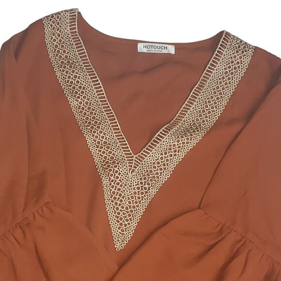 Hotouch Womens Large Rust  Swing Dress Ruffle Sleeves Crochet V-Neck Lined - Picture 4 of 11